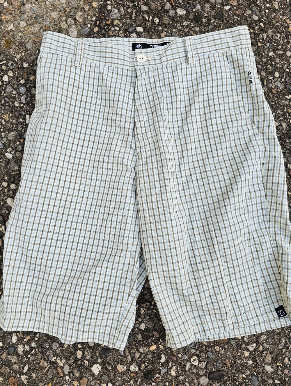 Lost Enterprises Light Blue and Khaki Plaid Skate Shorts W33